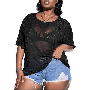 Women's Plus Size Glitter Mesh Tee Short Sleeve See Through Top for Night Out